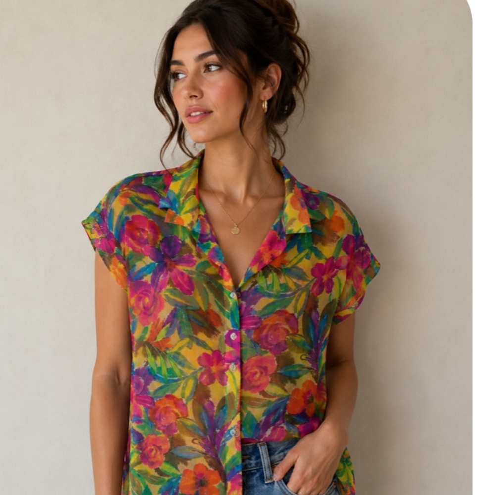 Roxanne Bright Floral Coastal Button-Front Womens Mesh Top - Multicolor